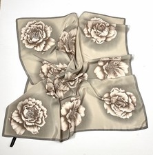 Ellen Tracy Silk Square Scarf Taupe with Floral Poppies Print Korea 34x34" Vtg