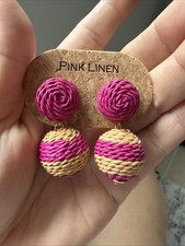 Berry Pink Gold Raffia Rattan Tropical Boho Lantern Dangle Earrings NEW