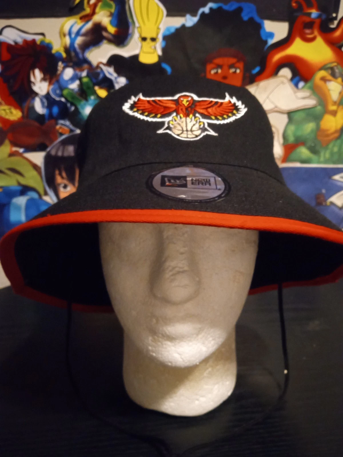 New Era NBA Black Atlanta Hawks Bucket Hat Cap w/ Chin string Jaw string