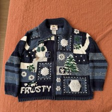 Vintage Tiara International Christmas Cardigan Sweater M Frosty Snowflakes Tree