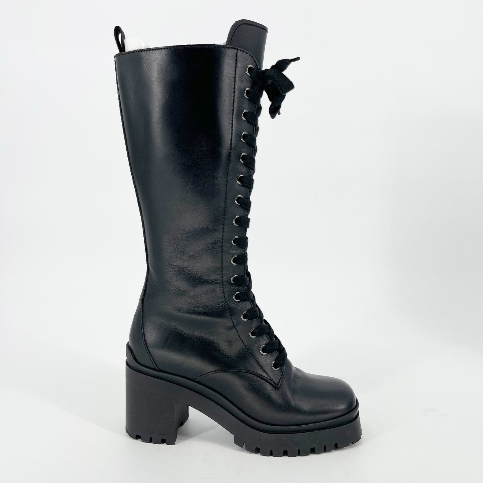 SAOLA Stivali Miu Miu neri da combattimento militari punta quadrata tacco grosso blocco suola a strappo IT 37 5