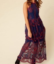 Altar'd State Boho Elegant Navy Pink Embroidered Intricate Maxi Dress Size M