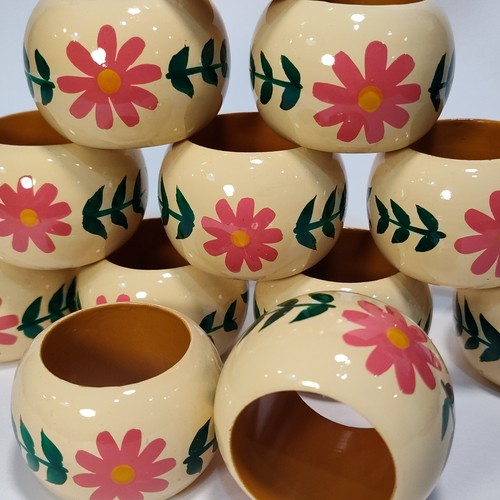 Pottery Barn Napkin Rings Set of 12 Floral Painted Wood - Picture 4 of 5