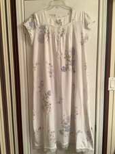 Aria Collection Nightgown White Purple Floral Square Neck Lace Button Large