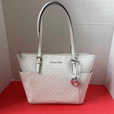 Michael Kors Logo Jet Set East West Zip Tote - Optic White/Aluminum MK Logo Bag!
