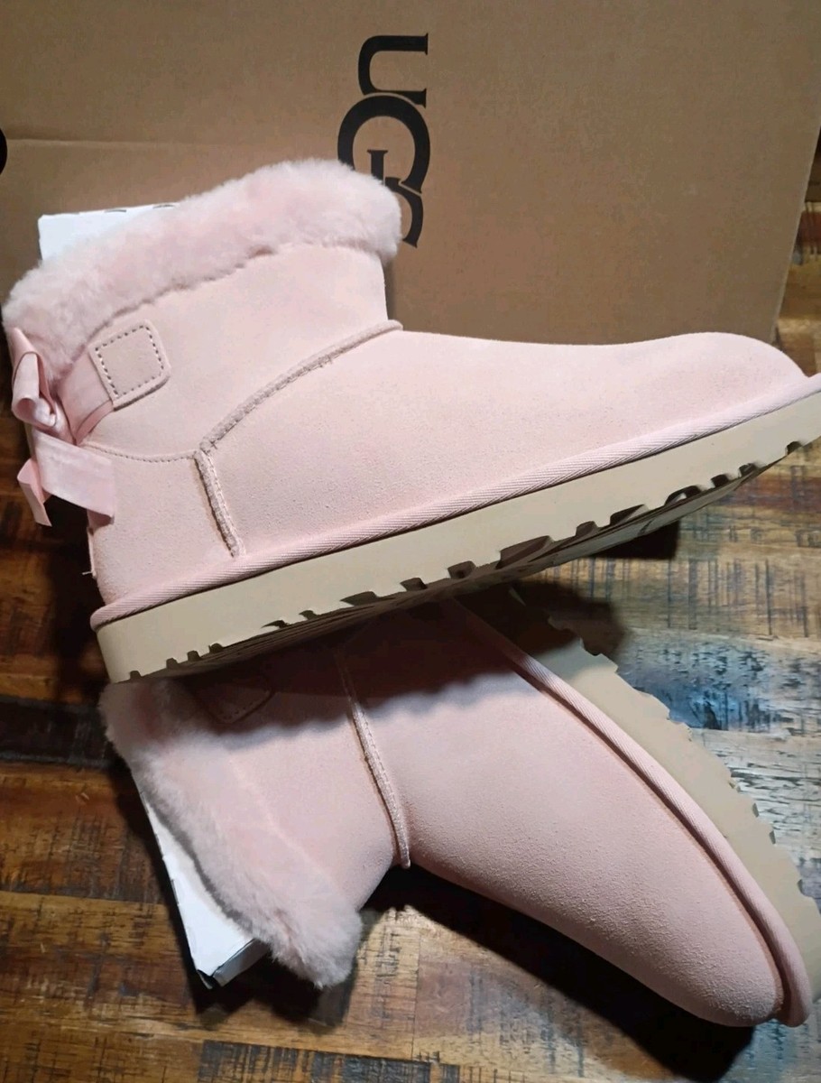 Womens UGG Mini Bailey Mixed Bow Beige  Blush Suede Sheepskin Boots Sz 9 NEW BOX View 5