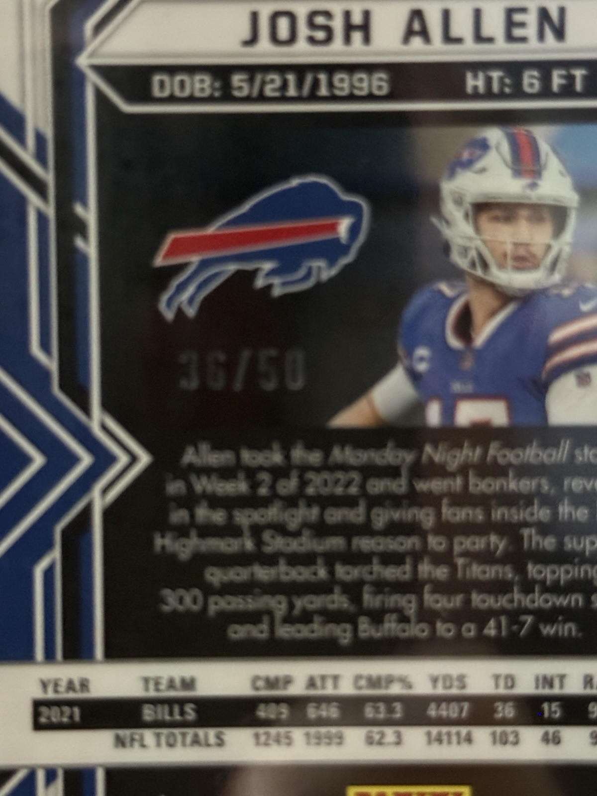 Panini 2022 Obsidian Josh Allen Bills #13 Electric Etch Green /50 PSA 8 view 3