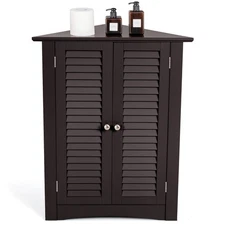 Corner Storage Cabinet Freestanding Floor Cabinet Bathroom w/ Shutter Door Brown