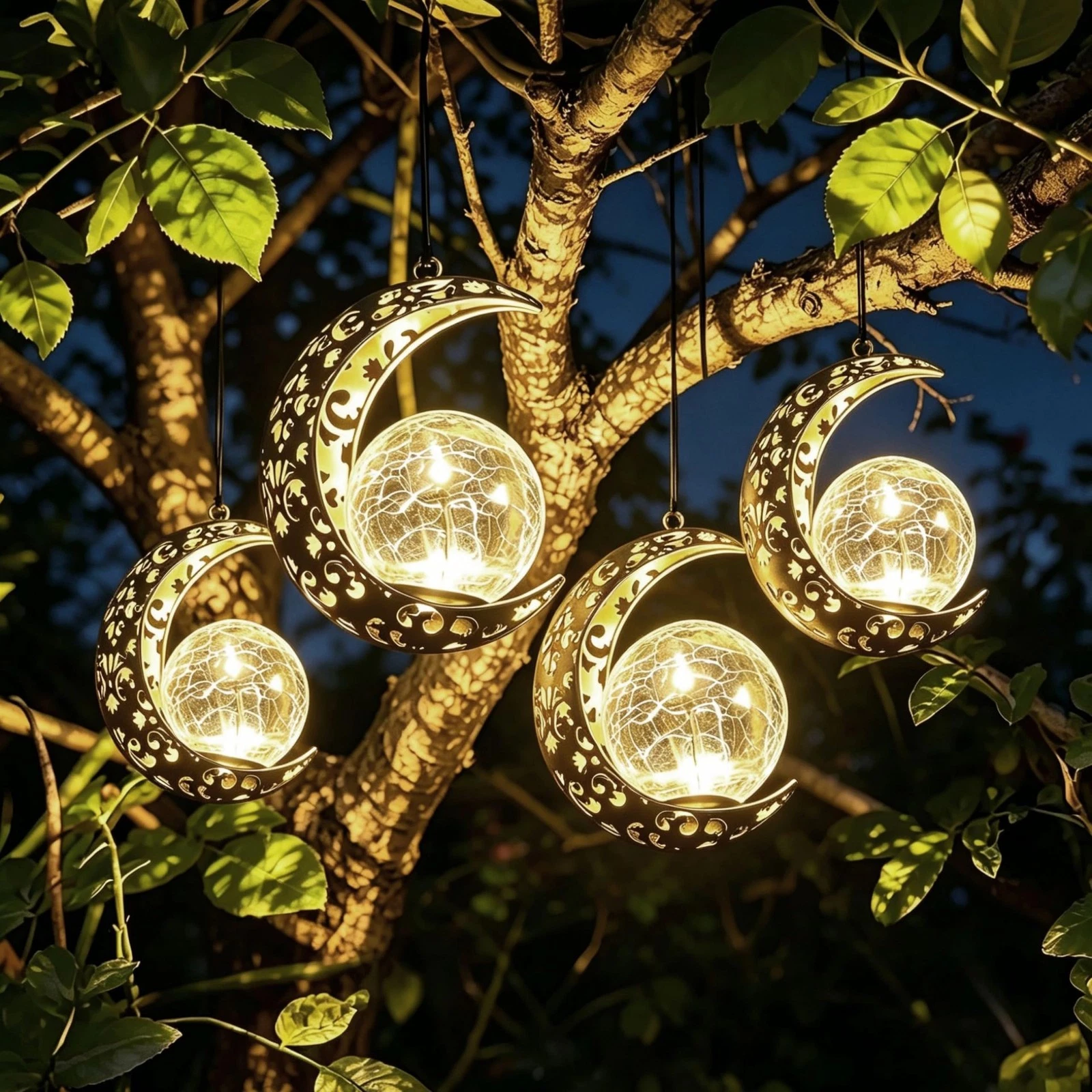Solar Lanterns Outdoor Waterproof Decor, 4 Pack Hanging Moon Garden Lights Me...