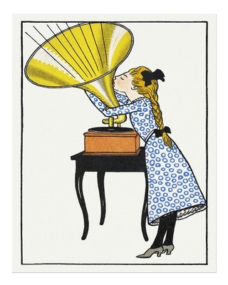 Charmante Vintage-Wandkunst: M�dchen mit Grammophon-Phonograph-Szene W