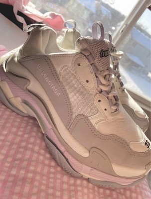 Balenciaga Triple S Pastel Low Top Lace Up Mesh Logo Sneakers White Gray