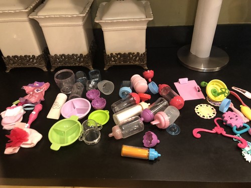 Vintage Doll Accessories LOT Bottles Spoons Clothing Plastic Dishes - Picture 2 of 24