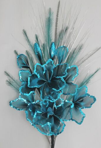 BLUE GLITTER NETLON FLOWERS, MIXED GRASSES, ARTIFICIAL HANDMADE BOUQUET 95cm - Picture 4 of 5