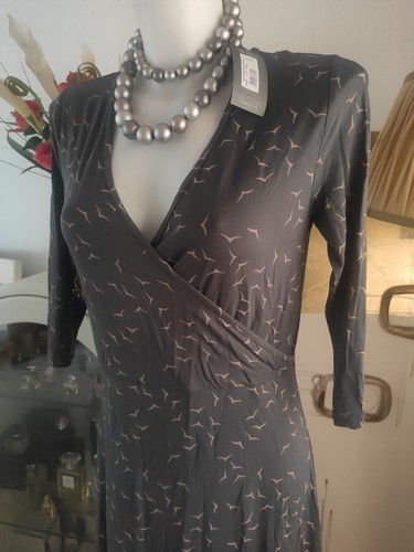 PRINCIPLES Dress Wrap Style UK 12 Gray Gold birds pattern fit & flare BNWT - Picture 5 of 11
