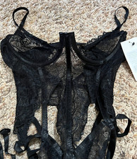 Oh La La Cheri Black Open Back Underwire Lace Teddy With Garter Size Small
