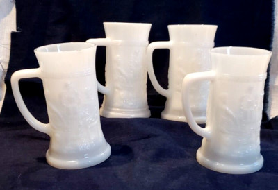 Federal Milk Glass Pub Bar Tavern Scene Beer Stein Mug set of 4 VTG 12 oz 6''tall