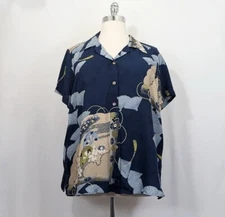 Citron Santa Monica Tunic Top Blue Silk  Asian Fan Floral Print Women's Size 3X