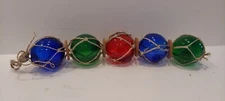 String of 5 Small Fishing Floats Net Buoys Red Green Blue Blown 3" Glass