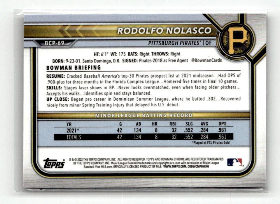 2022 Bowman Chrome Rodolfo Nolasco #BCP-69 Fuchsia Refractor /199 - Image 2 of 2