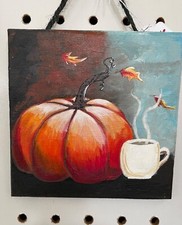 hand painted on wood, 4x4, Autumn decor, pumpkin, coffee, orange,