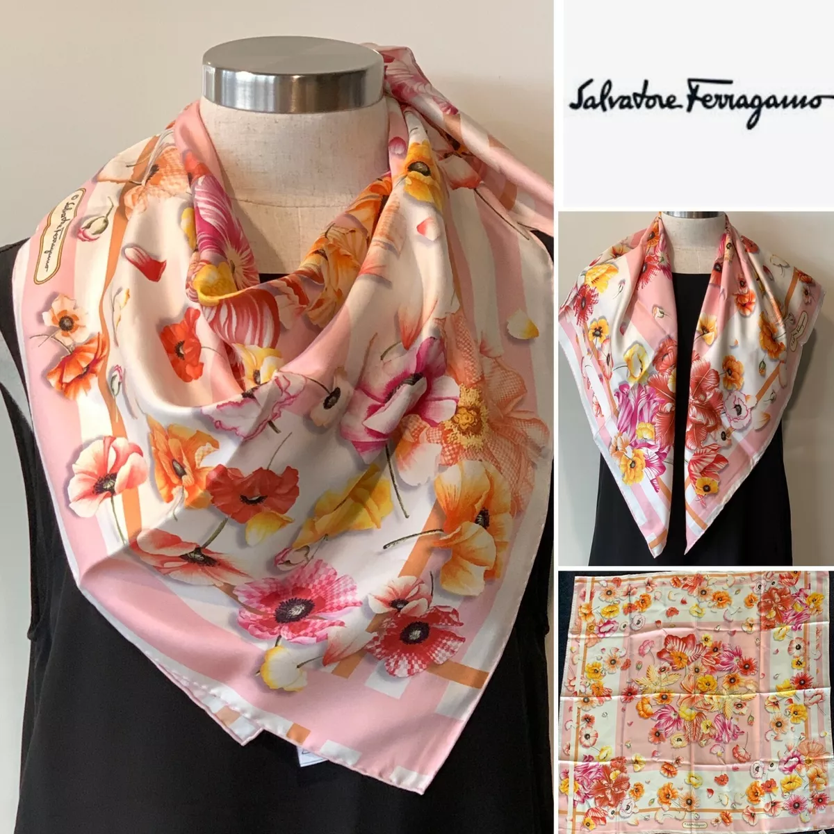 Neutral Colored Silk Twill Tie Scarf With Floral Detailing