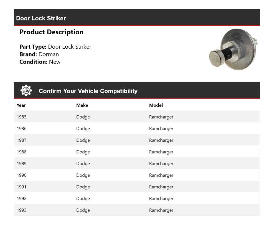 Cerradura de puerta Striker 1986 1987 1988 1989 1990 para Dodge Ramcharger Dorman 1985-1993 Foto 2 de 4