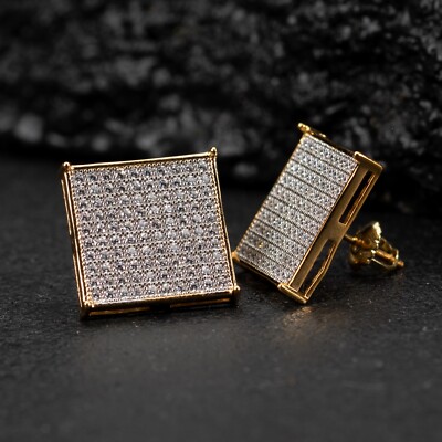 Earrings, Studs MEN 925 STERLING SILVER 10MM BLING ROUND SCREW BACK GOLD STUD EA
