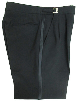 Men's Black Tuxedo Pants Satin Stripe 100% Wool Long Rise 33-35 Adjustable Waist