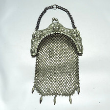 Antique Art Nouveau Purse Silveroin Floral Frame Chatelaine Ring Metal Mesh