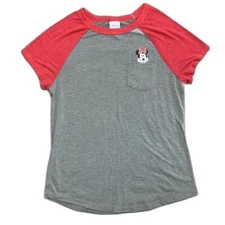 Disney Girls T-Shirt Small Gray Red Pocket Minnie Mouse Raglan Short Sleeve 