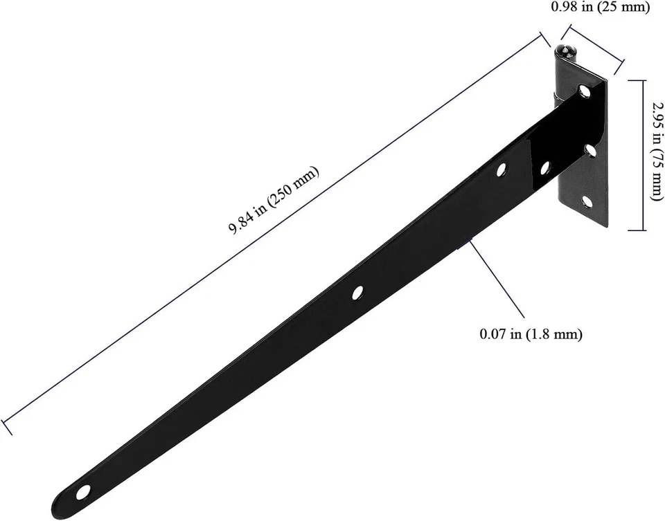 Paquete de 12 bisagras de puerta con correa en T de 10 pulgadas, bisagras de puerta de granero de alta resistencia, correa en T negra Foto 2 de 4