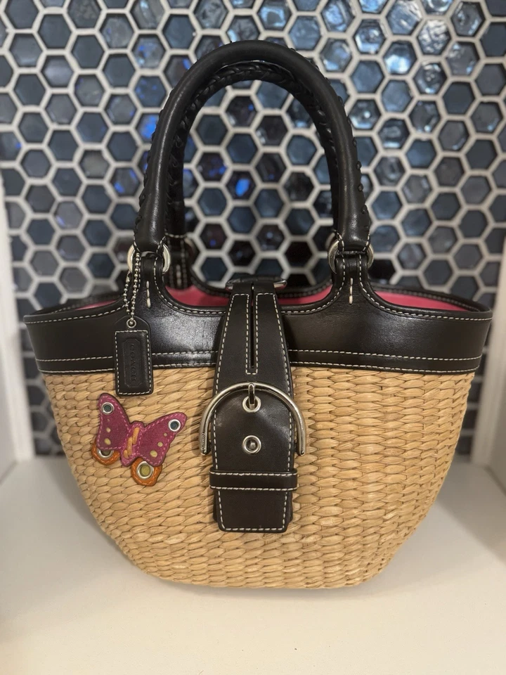 Bolso de Mano Coach L3K-6270 Paja Mariposa Adornado Paja con Borde de Cuero Negro Foto 3 de 4