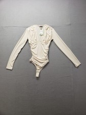 H M Women Bodysuit XS Off White Long Sleeve Ruched V Neck Comfort Stretch Wear