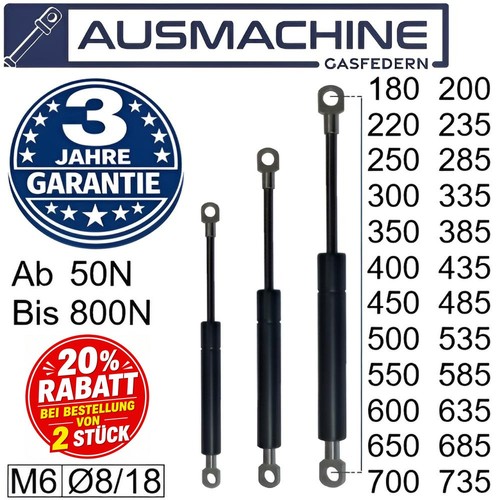 NEOFAB Gasdruckfeder 200-750 Mm, 100-800 N – Universal Kugelgelenk, Für Türen, Klappen, Boote