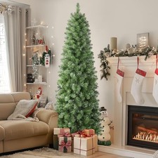 7.5ft Prelit Artificial Hinged Slim Pencil Christmas Tree with Warm SHareconn