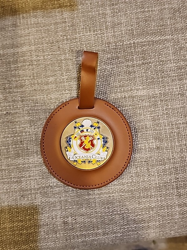 Oceania Club Luggage Tag Brown Leather w/ Metal Emblem Crest 3.5" Diameter