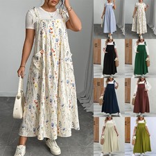 Womens Overalls Pleated Dress Summer Strappy Pocket Baggy Maxi Dresses Plus Size