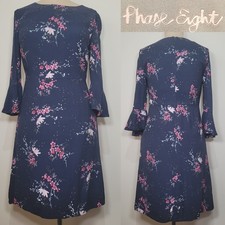 Phase Eight Navy Blue Floral Dress Fluted Sleeve Size 12