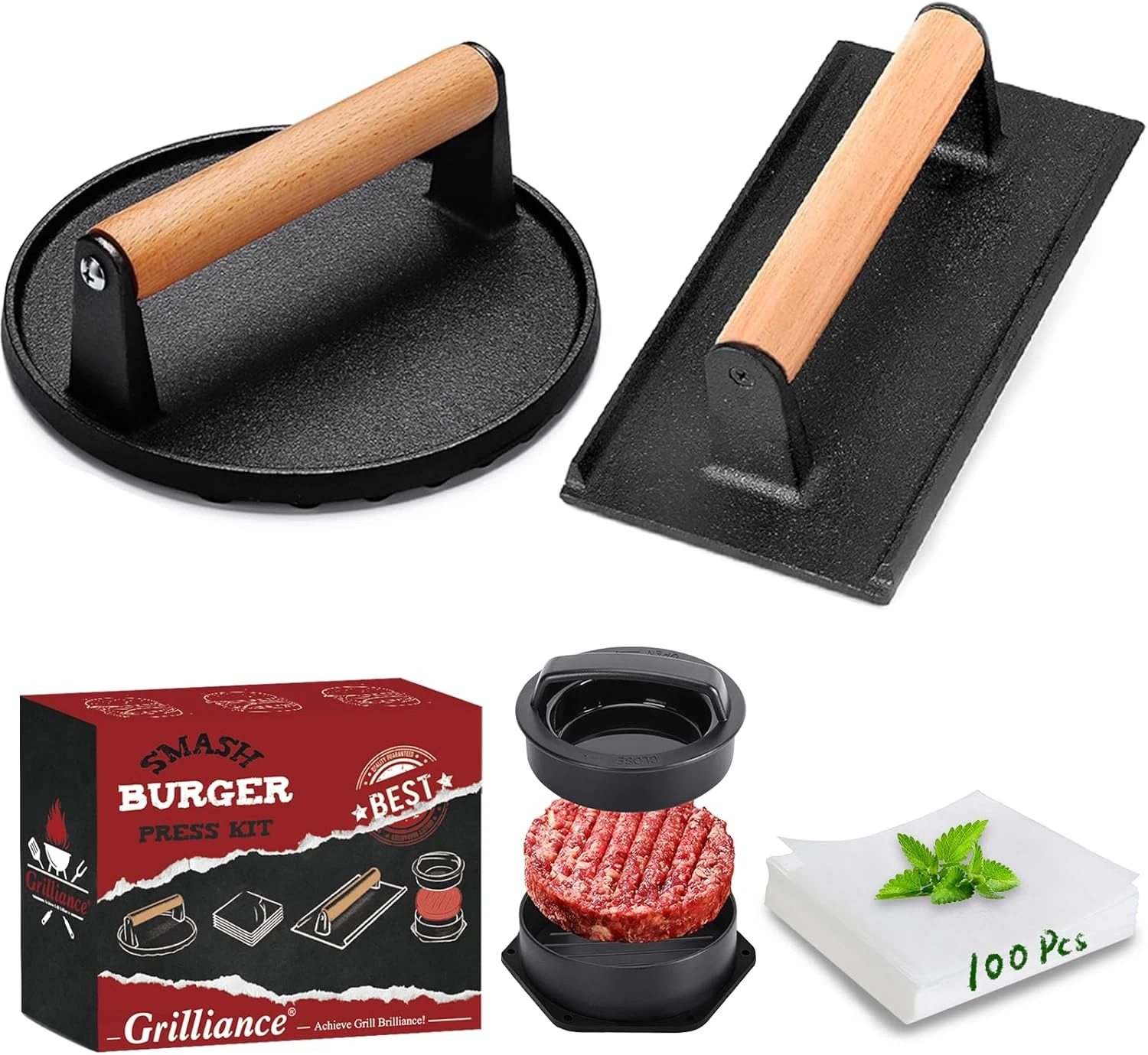 5Pcs Hamburger Press Kit with Wax Paper, round & Rectangle BBQ Tools