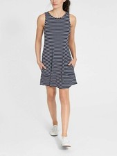 Athleta Navy Grey Striped Super Swing Travel Dress #777107 NWT! XS Xtra-Small