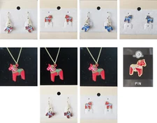 SCANDINAVIAN SWEDISH RED BLUE ENAMEL DALA HORSE HOOK POST EARRINGS PENDANT PIN