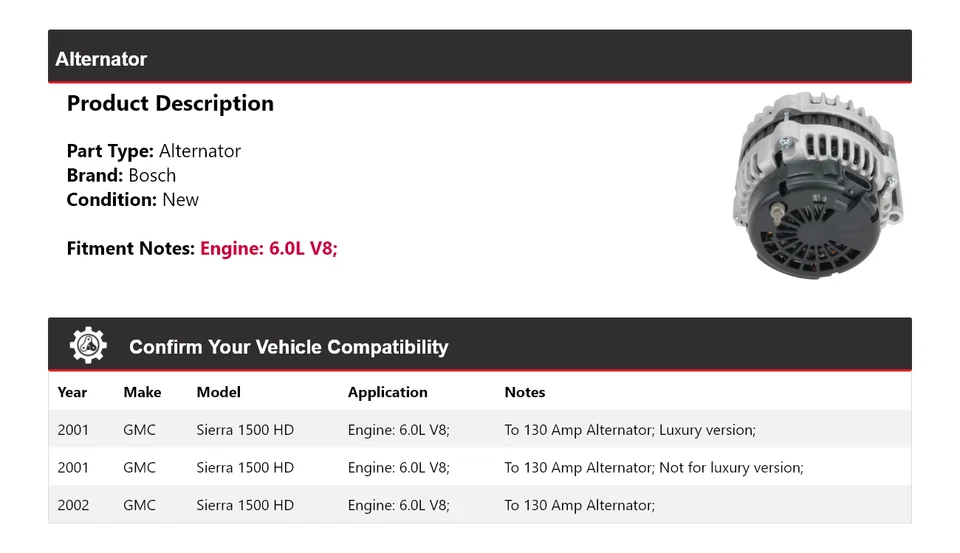 Alternador Bosch para GMC Sierra 1500 HD 2001-2002 6,0 L V8 (Nuevo) Foto 2 de 4