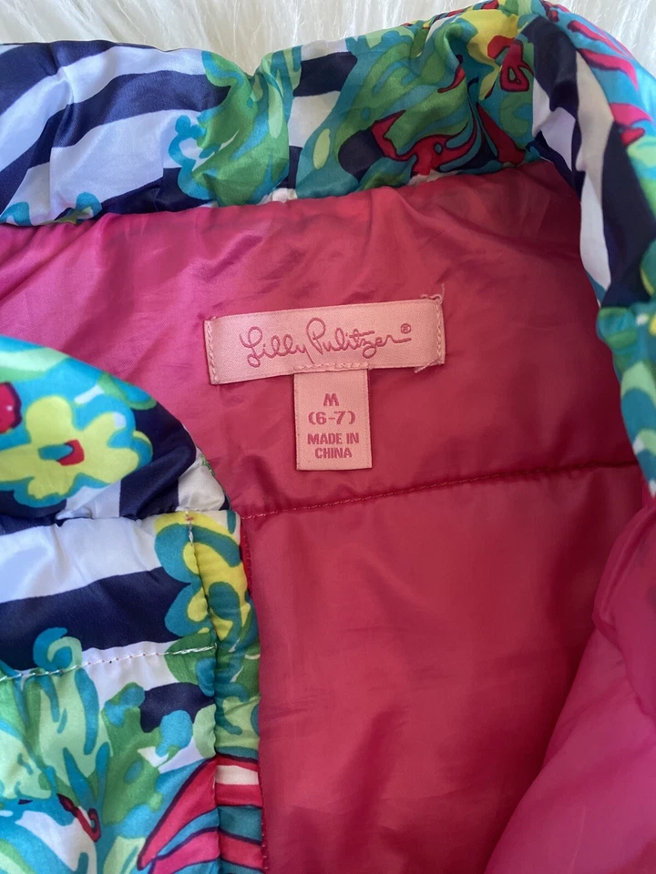 Abrigo Floral Lilly Pulitzer Niños Niñas 6-7 Azul Marino Rayas Hottie Rosa Usado en Excelente Condición Foto 4 de 4