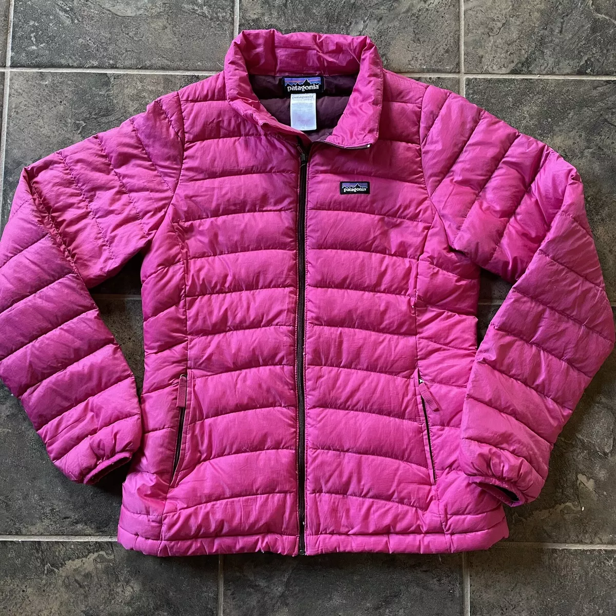 Womens Patagonia Maroon Pink Goose Down Puffer Puffy Sweater Zip Up Jacket  Sz XS