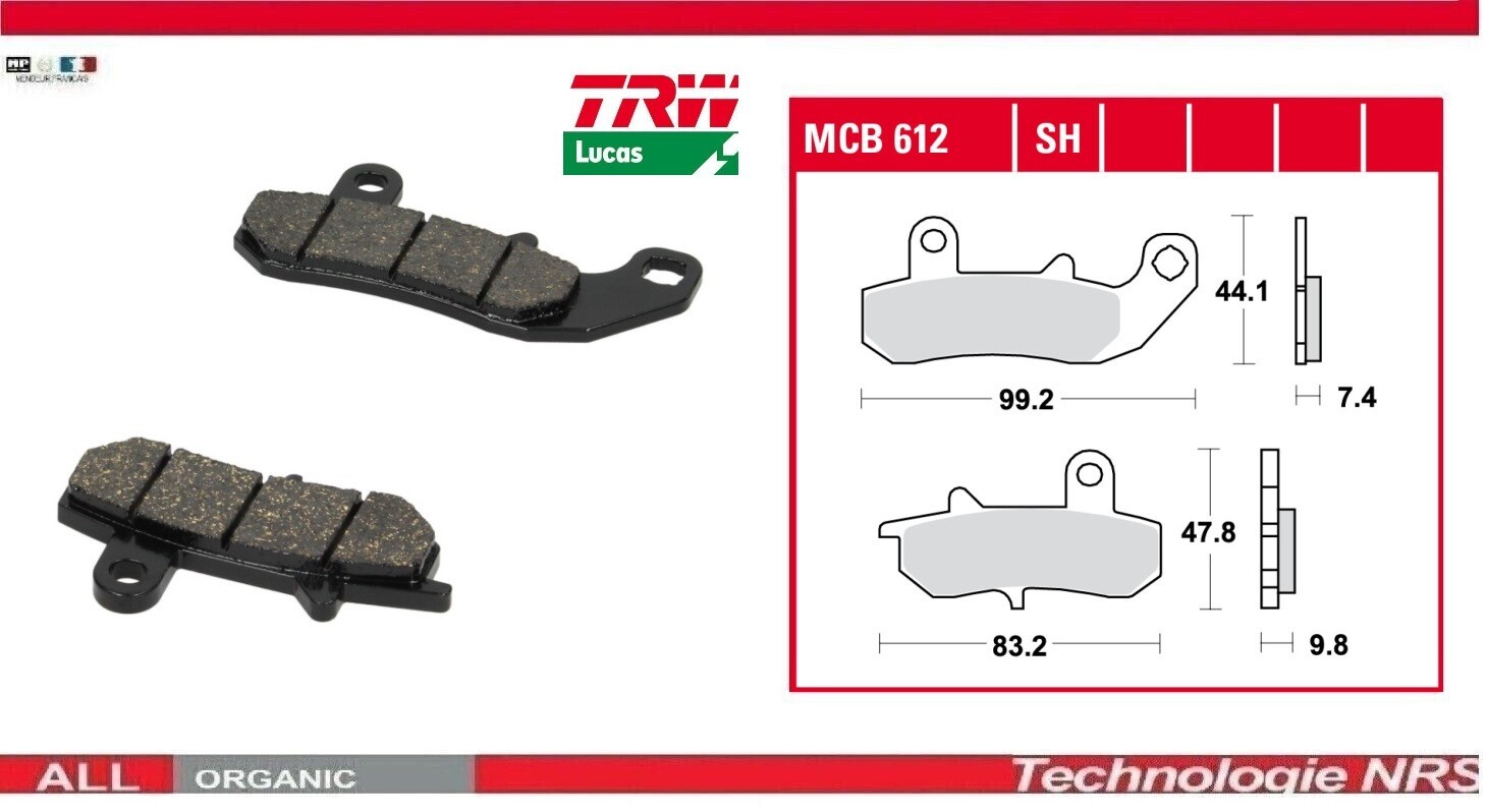 Plaquettes frein Arrière TRW MCB612 pour vos voyages en Suzuki DR 800 S