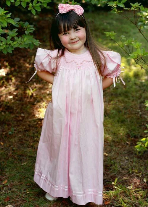 Baby Girls Hand Smocked Pink Bishop Dress Satin Ribbons Summer