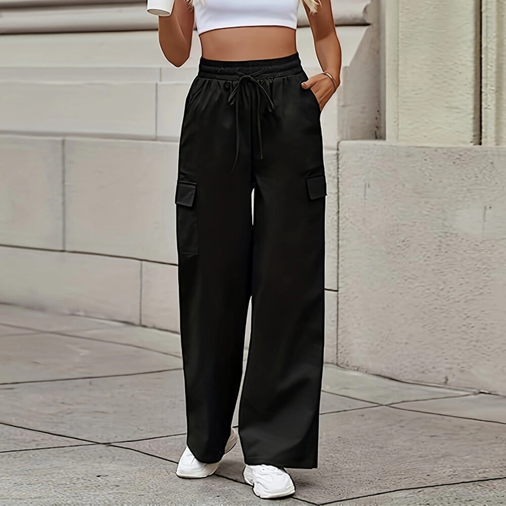 Womens Ladies Comfy Plain Joggers Cargo Pocket Trousers Wide Leg Casual