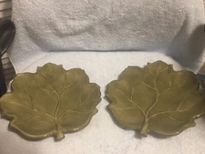 2 Linens - n - Things Fall Autumn Green Leaf Plates Hand Painted New W/Sticker