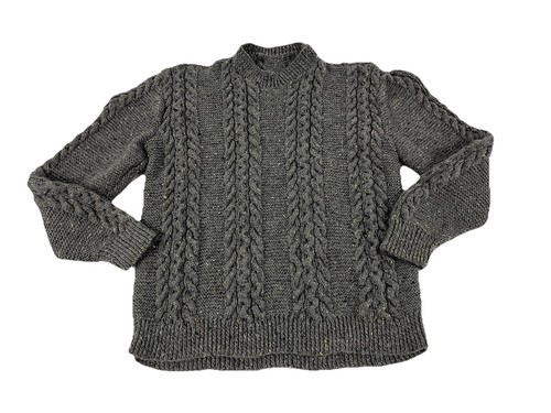 Hand knit Sweater Mens Medium Grey Wool Cable Knit Crew Neck Pullover