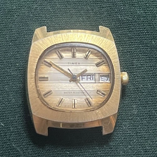 VTG 70s Timex Watch Day Date Gold Tone Striped Sunburst Not Working Project